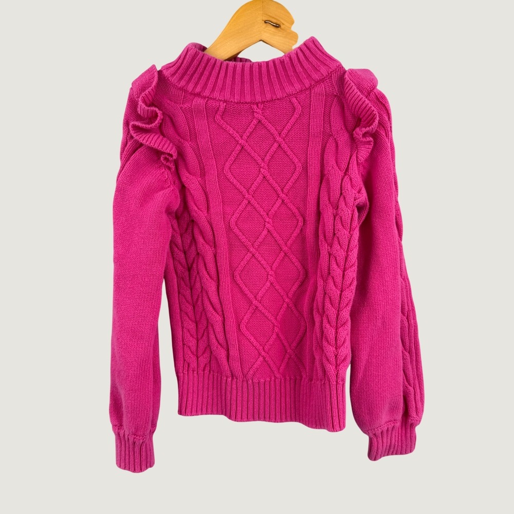 Janie and Jack Sweater Girls Bright Pink Cotton Cable Knit Ruffle Size 4